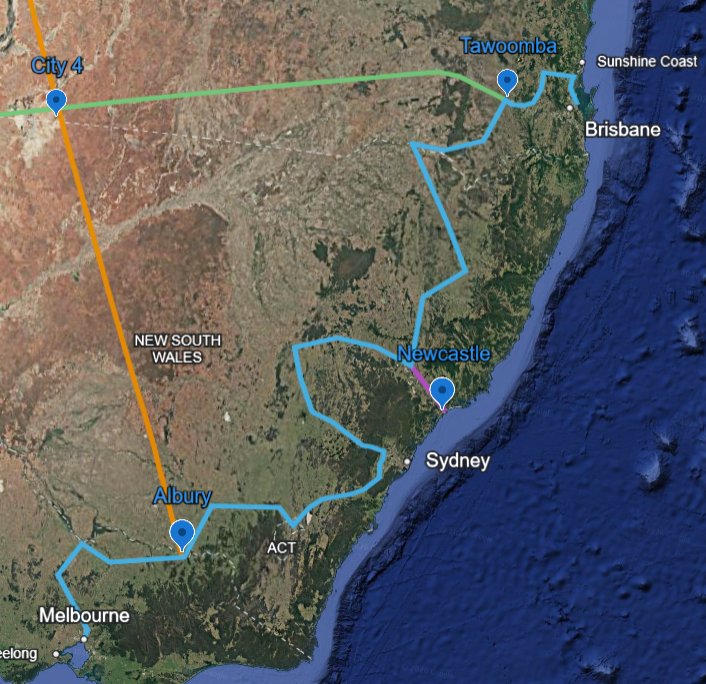 SBC Phase 0 inland alternative — Melbourne to Brisbane 2,410.27km Google Maps locked