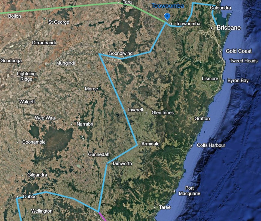 SBC Phase 0 northern half — Dubbo to Brisbane via Tamworth, Armidale, Inverell, Goondiwindi, Wellcamp