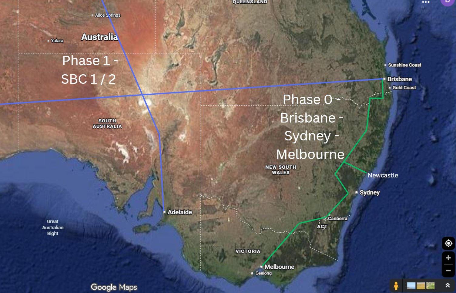 SBC Phase 0 route — Melbourne to Brisbane via inland spine